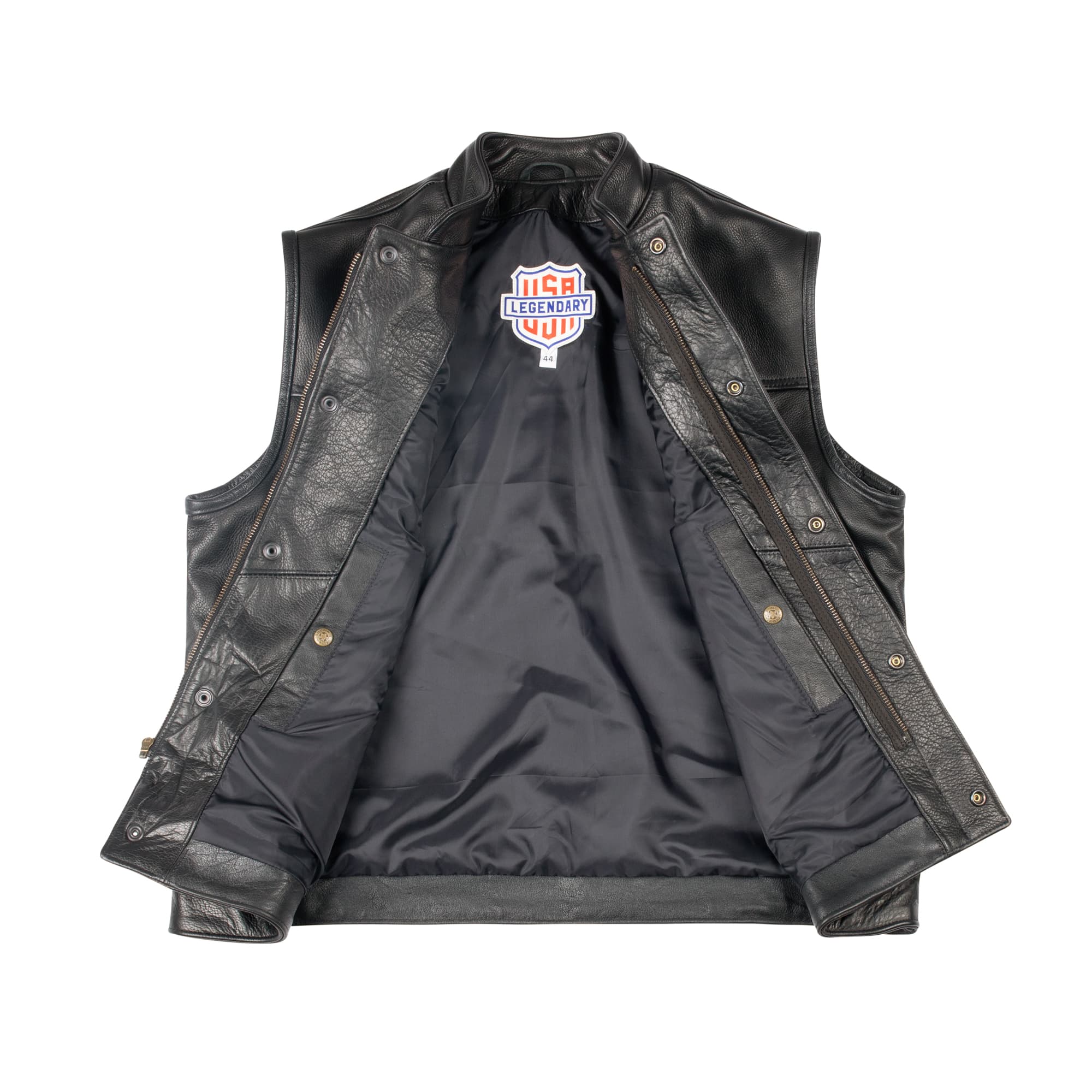 LEATHER MOTORCYCLE VEST WITH PATCHES AND MILITARY PINS LG
