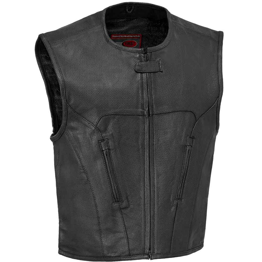 First Mfg Mens Raceway SWAT Style Perforated Leather Motorcycle Vest
