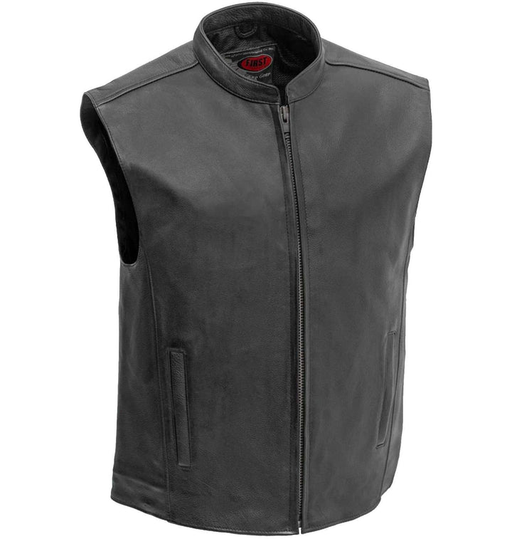 First Mfg Mens Club House Zip Front Leather Motorcycle Vest - Legendary USA