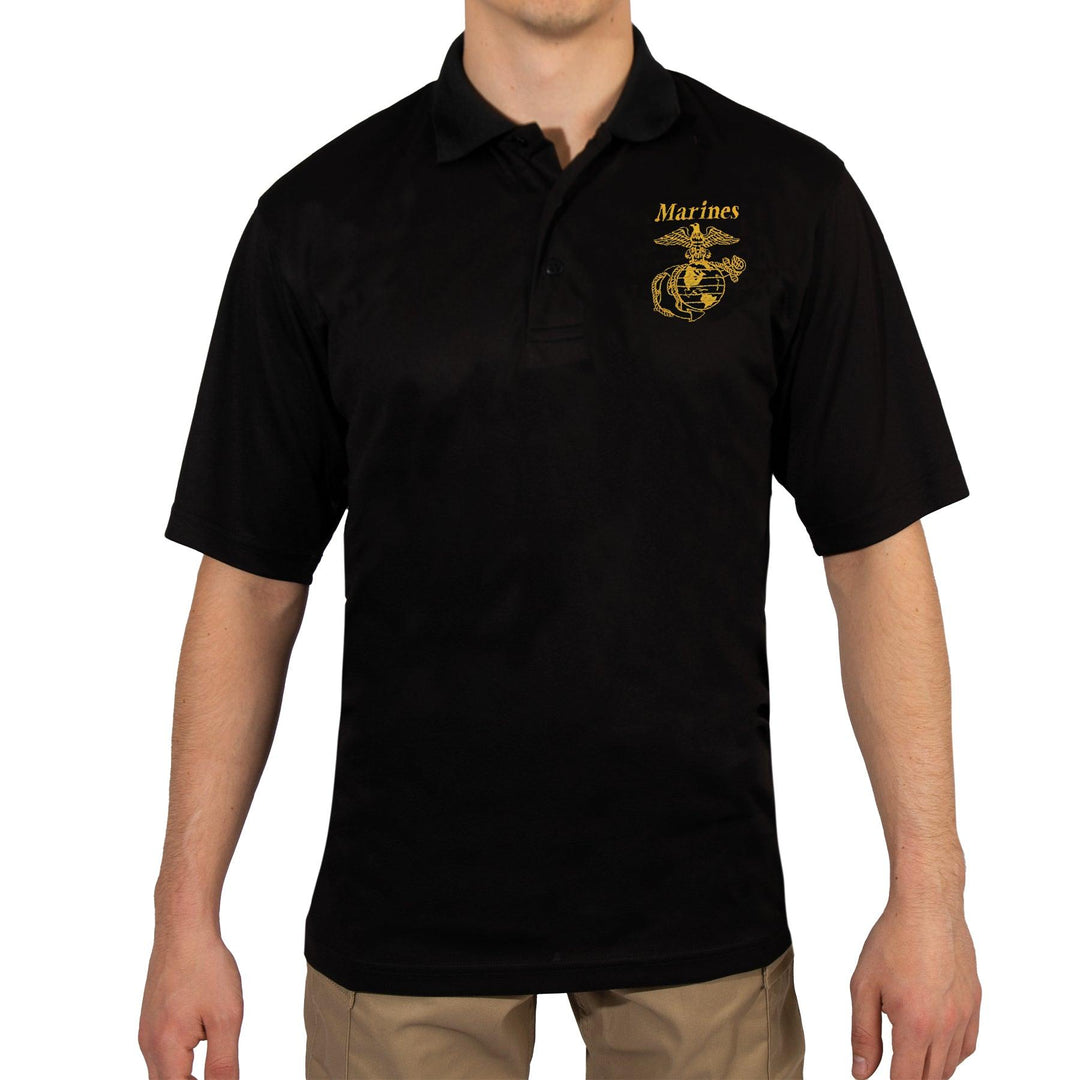 Rothco USMC Eagle, Globe & Anchor Moisture Wicking Polo Shirt - Black - Legendary USA