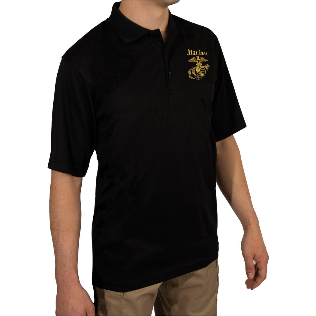 Rothco USMC Eagle, Globe & Anchor Moisture Wicking Polo Shirt - Black - Legendary USA